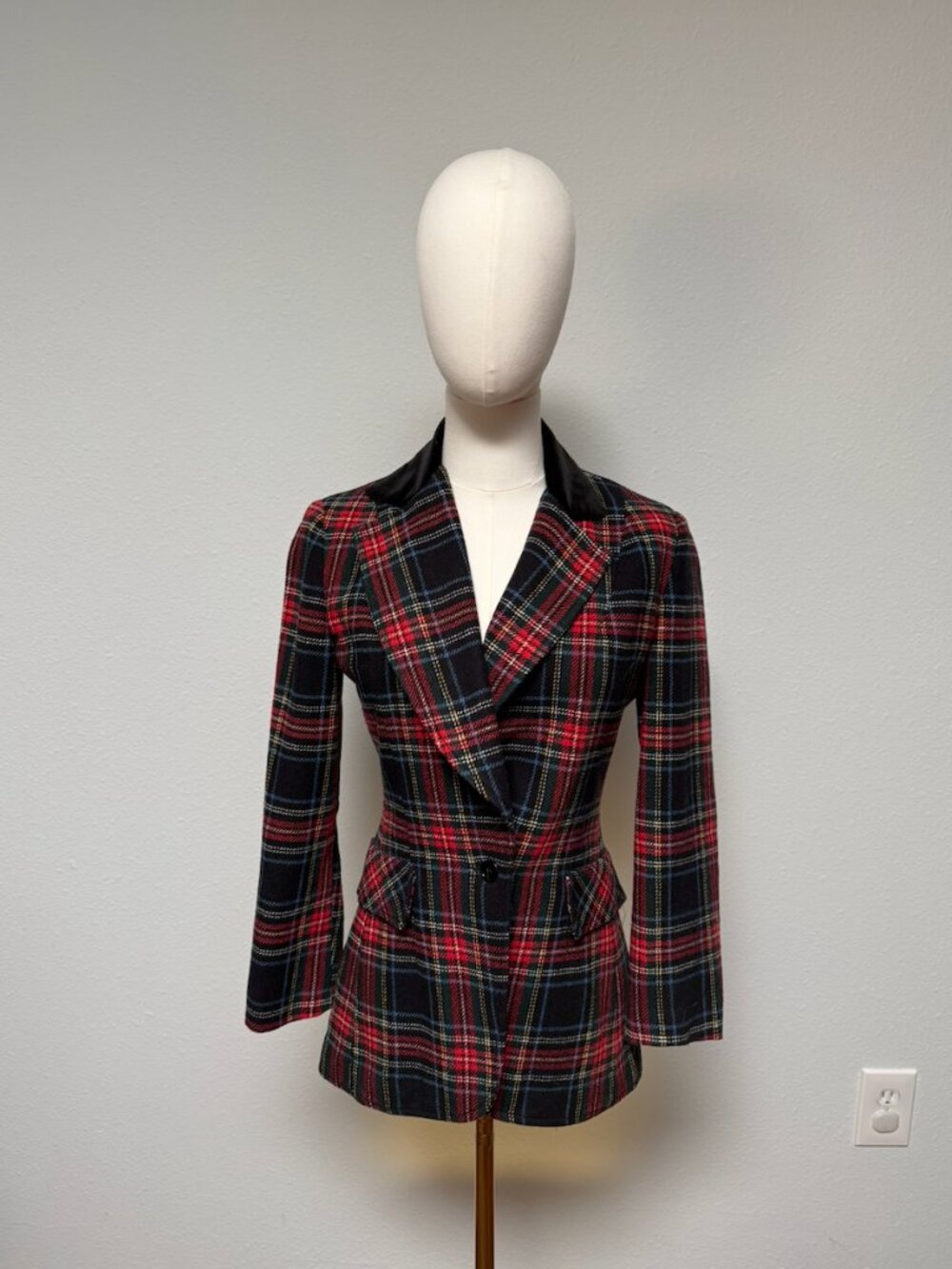 Vintage 1970s Patty Woodard Tartan Plaid Wool Velvet Collar Blazer XS